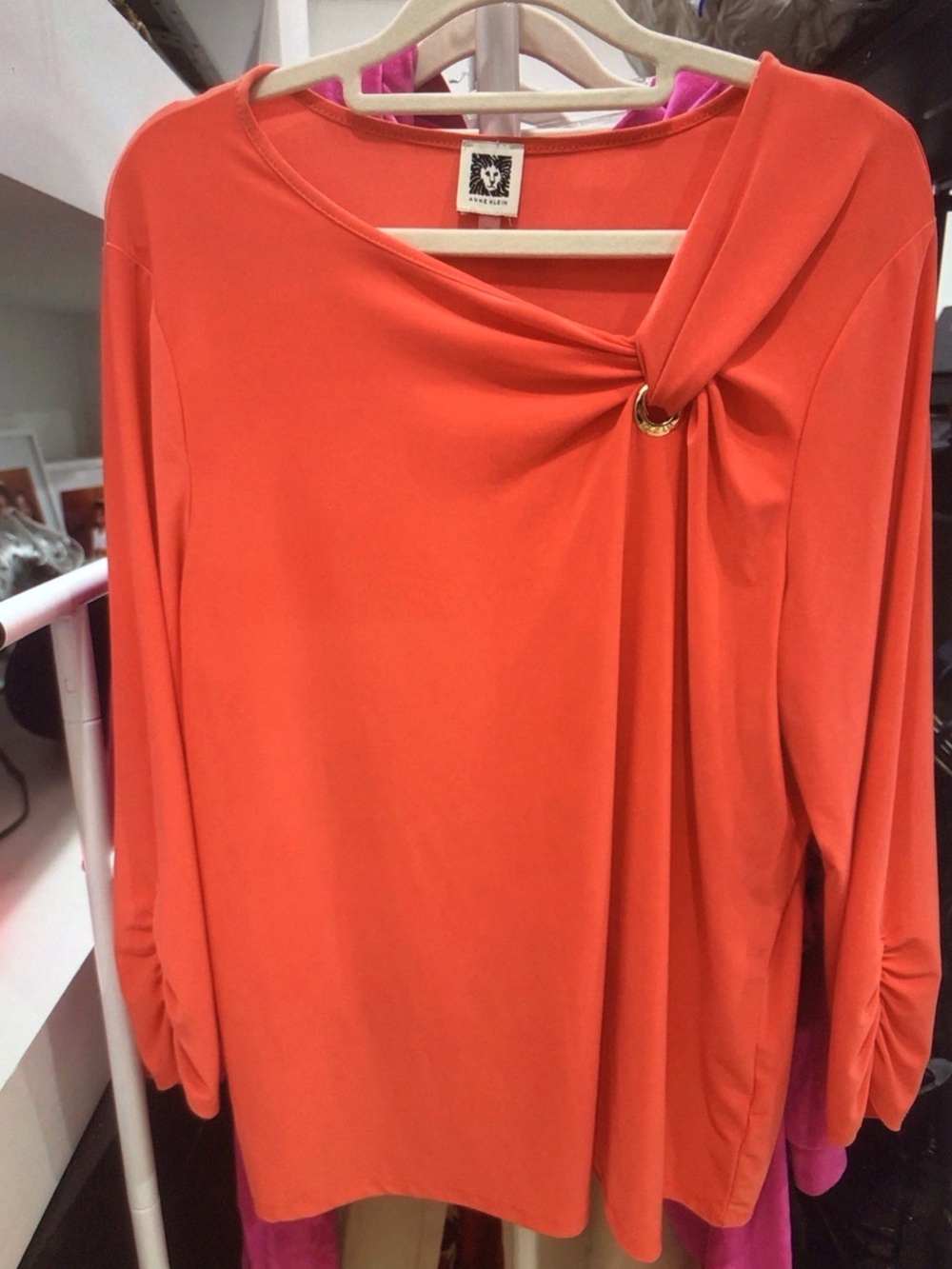 Anne Klein Coral-Orange Long Sleeve Top with Knot & Ring